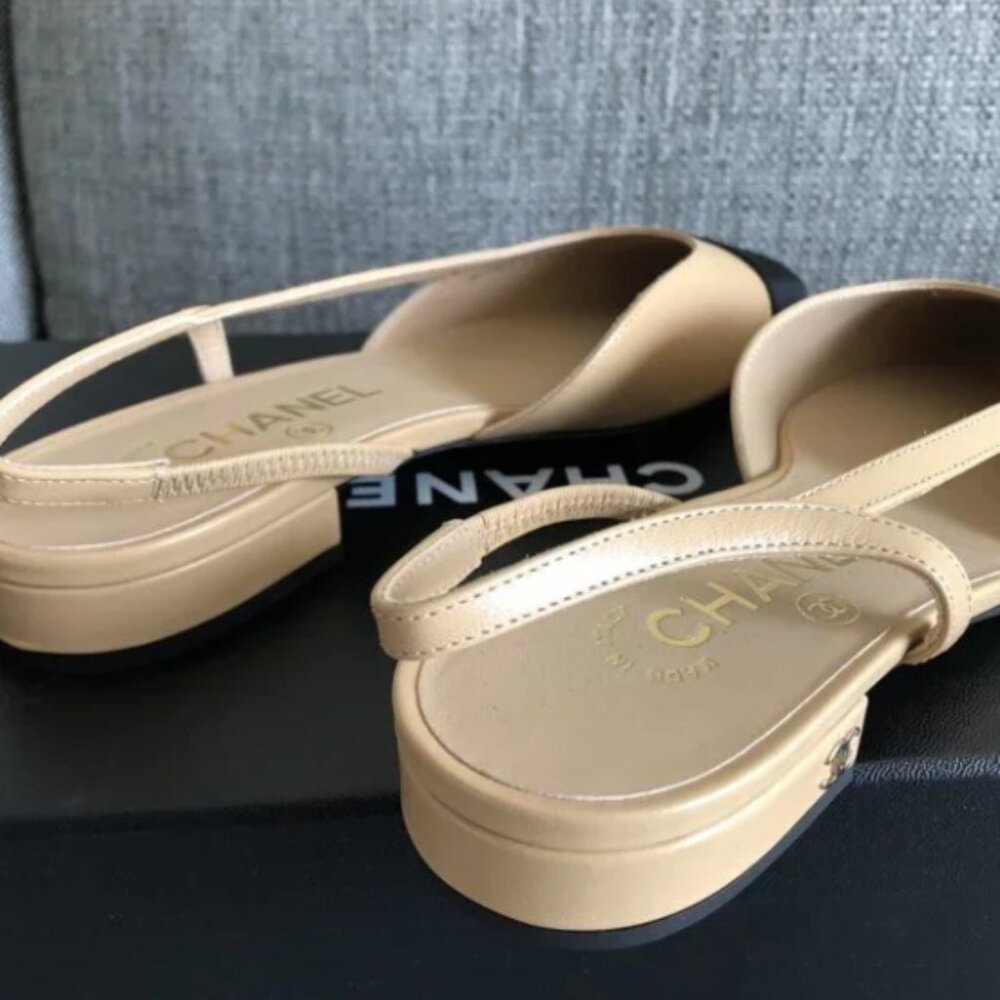 New Chanel Size 38 Goatskin Slingback Beige/Black Flat - Picture 6 of 6